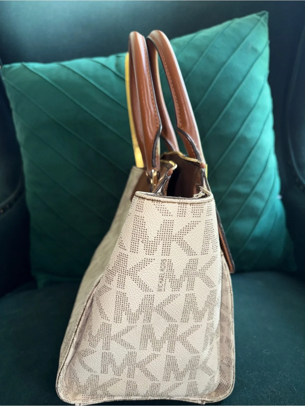 Michael Kors Hudson Satchel & Crossbody in Cream Logo with Brown Leather Trim